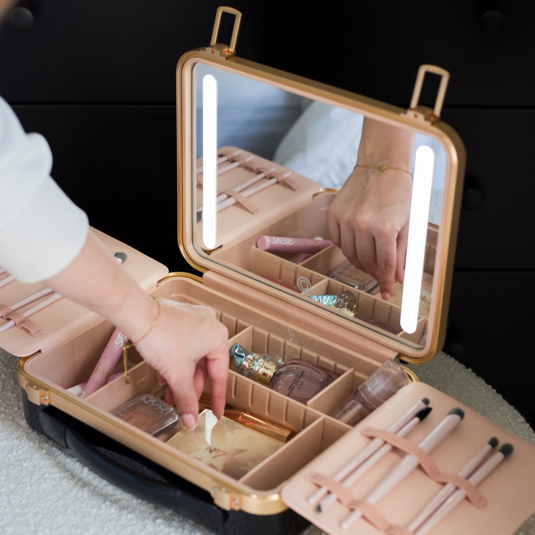 Travel makeup organizer with LED mirror and compartments